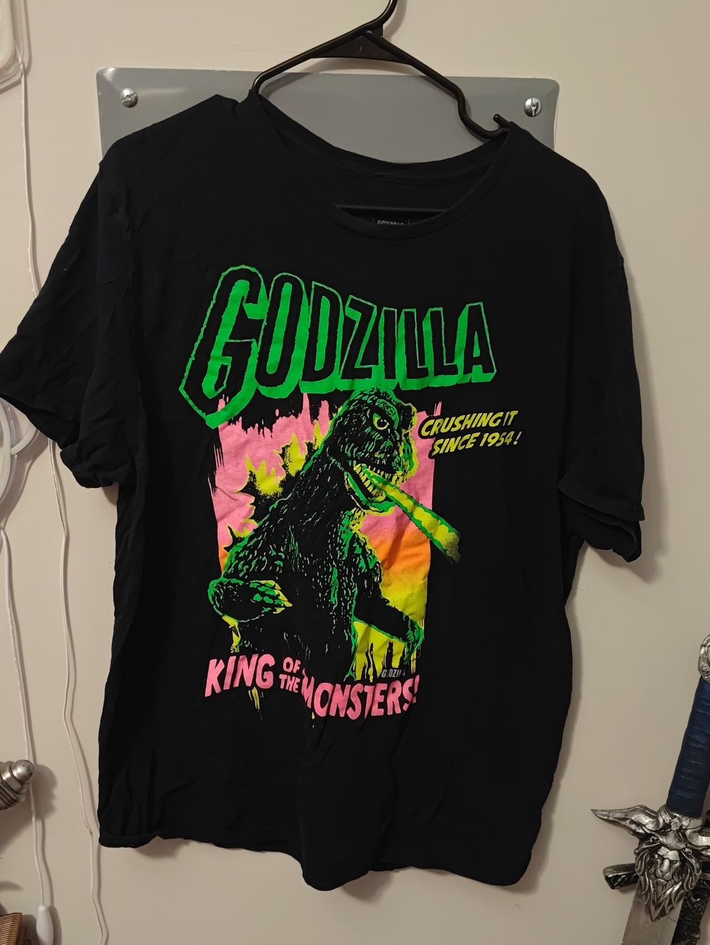 Godzilla Men’s Black Graphic Tee — Neon Green & Pink Print